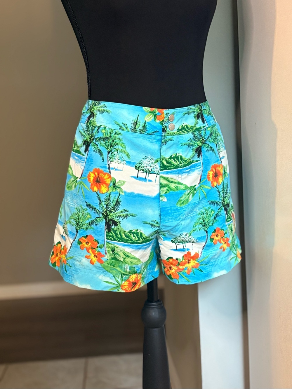 High-Rise Tropical Print Bermuda Shorts in Blue & Orange